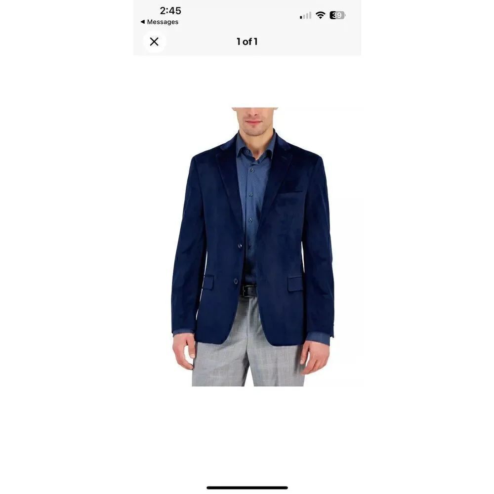 Alfani Men's Slim Fit Solid Velvet Sport Coat Blazer Navy Blue *see measurements